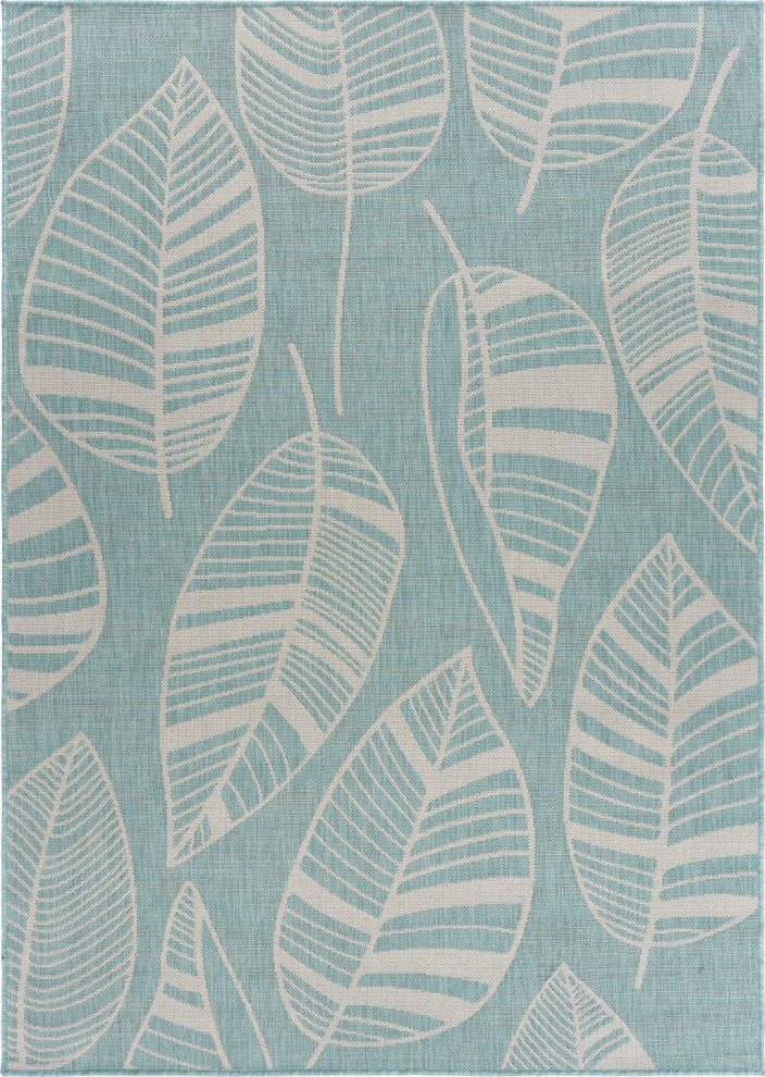 8" x 10" Teal Leaves Indoor Outdoor Area Rug
