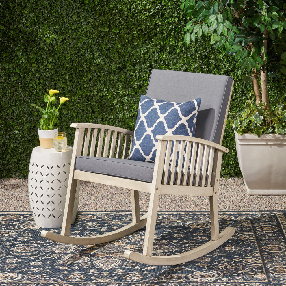 Beulah Outdoor Acacia Wood Rocking Chair, Light Gray Finish, Dark Gray
