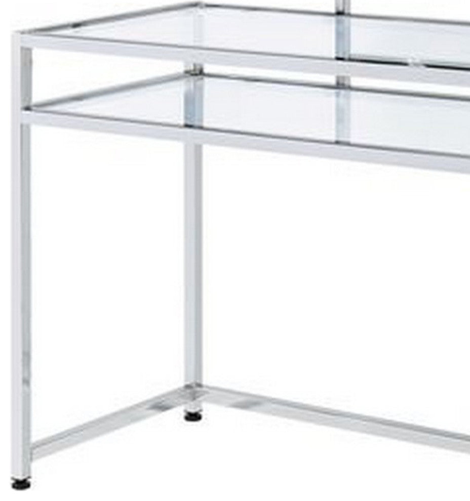 Benzara BM275480 2 Piece Metal Vanity Set, Tempered Glass, Faux Fur Seat, Silver