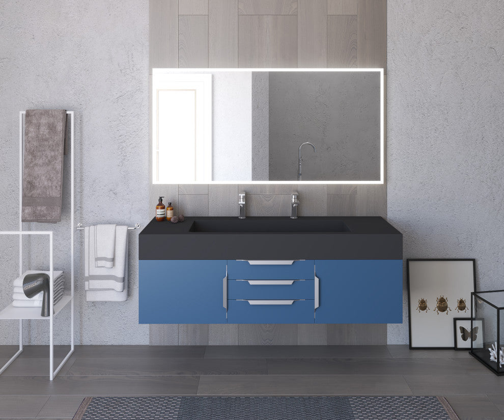 CastelloUSA Nile 60" Wall Mounted Vanity Set, Blue, Black Top, Brushed Nickel