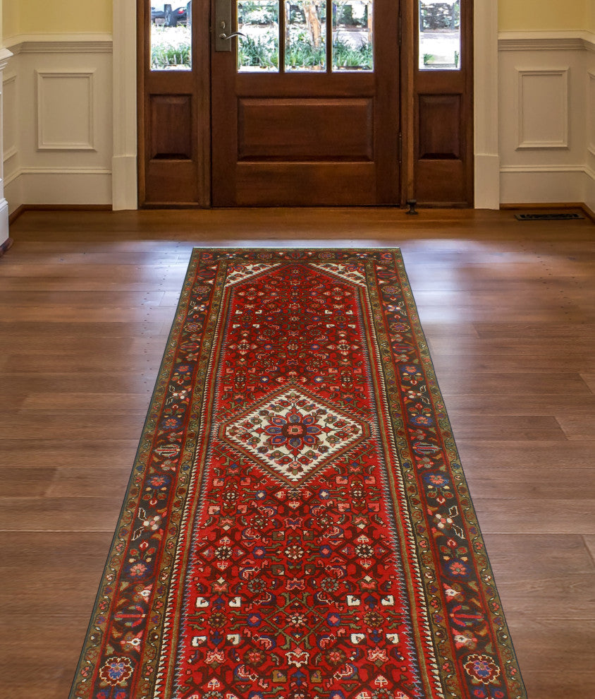 Fine Vintage Distressed Bernadin Red/Ivory Runner, 3'8 x 10'8