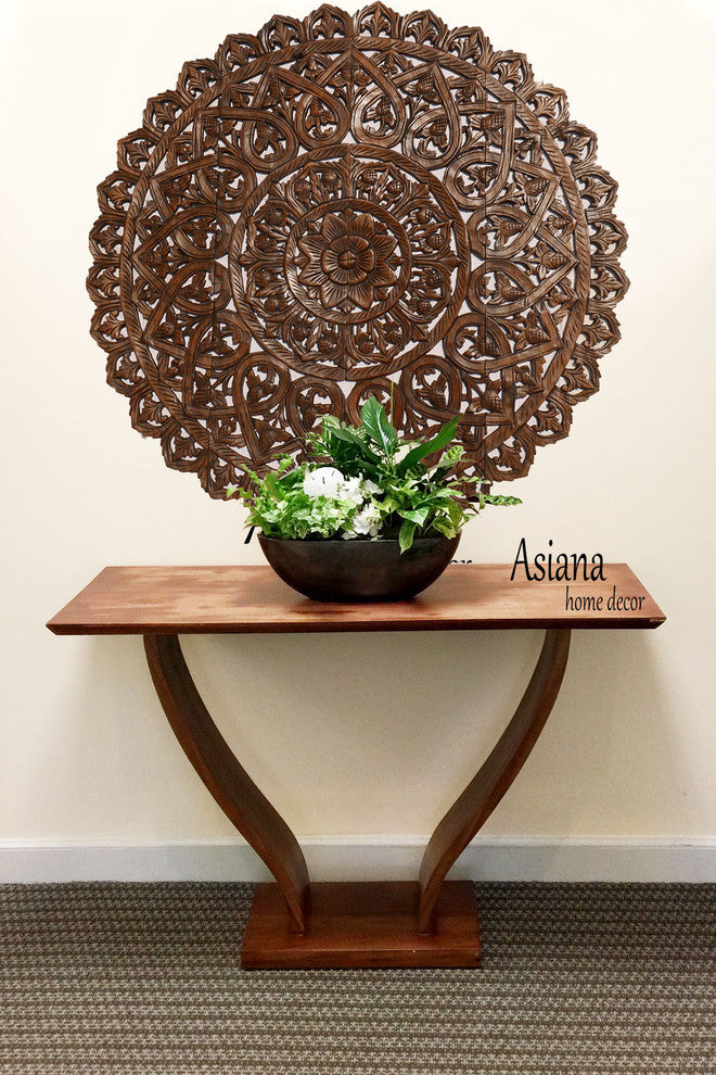 Round Lotus Flower Wood Carved Wall Plaque Home Decor, Brown, 36"x36"