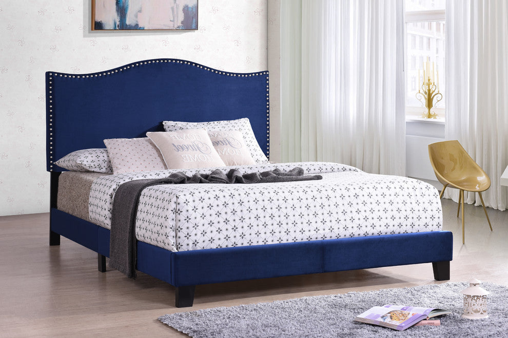 Queen Blue Velvet Nailhead Transitional Upholstered Panel Bed