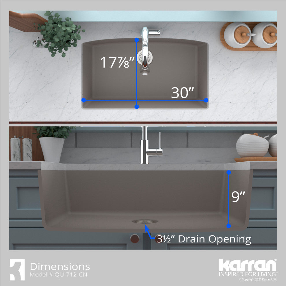 Karran Undermount Quartz Composite 32" Single Bowl Kitchen Sink, Concrete