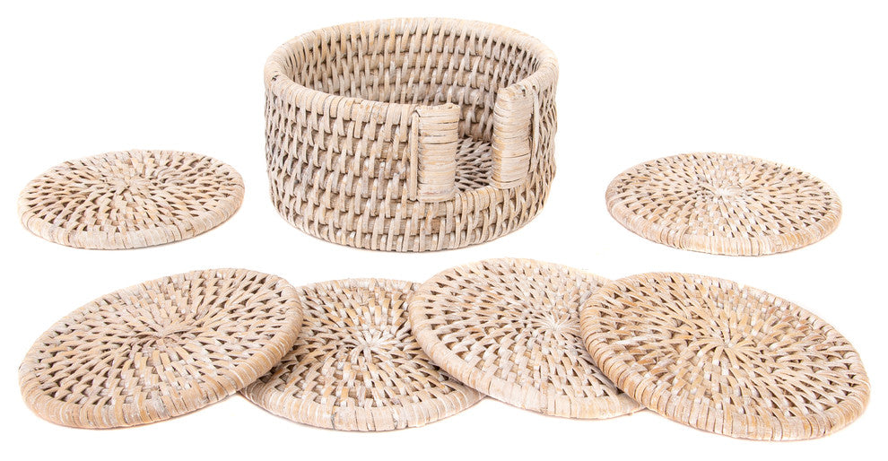 Artifacts Rattan Round Coasters With Box 7 Piece Set, White Wash