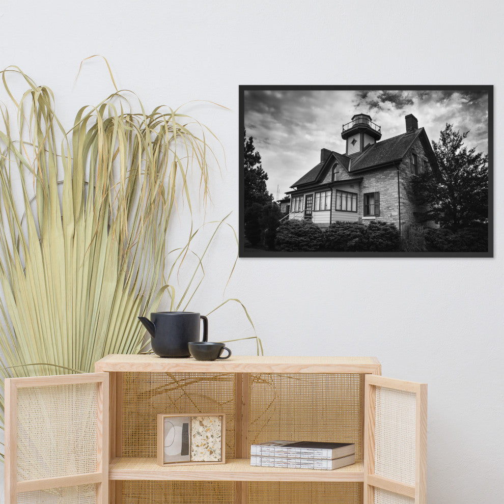 Cedar Point Lighthouse in Black and White Framed Photo Paper Wall Art Prints, Black, 24" X 36"