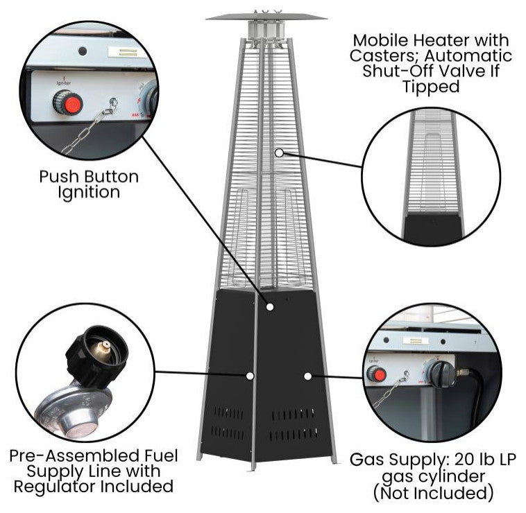 Sol Patio Outdoor Stainless Steel Pyramid 42,000 BTU Propane Heater With Wheels, Black