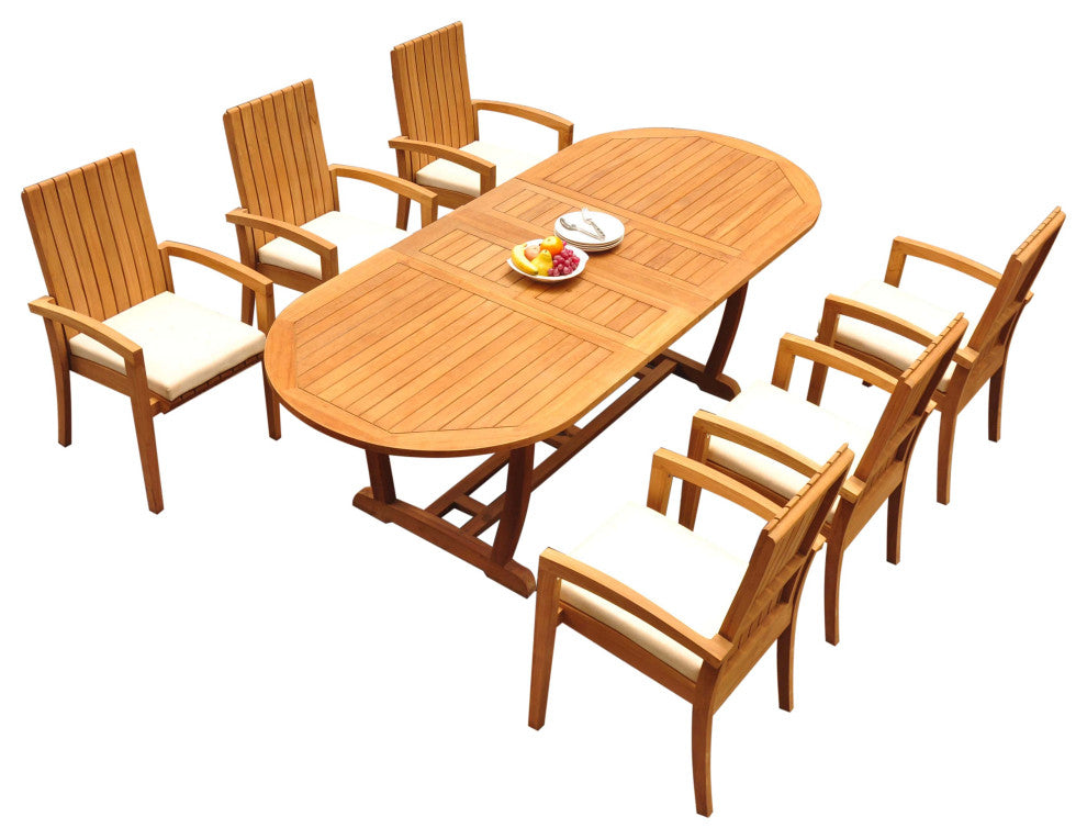 7-Piece Outdoor Teak Dining Set: 94" Masc Oval Table, 6 Goa Stacking Arm Chairs
