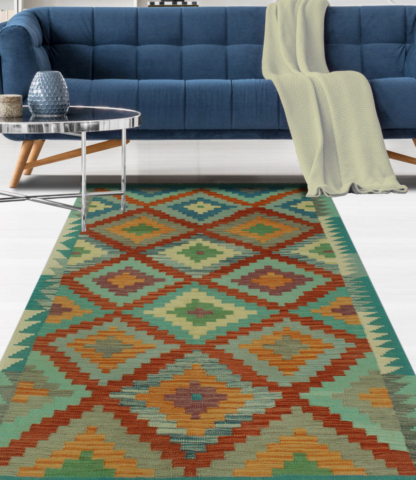 Sangat Kilim Hestia Blue/Orange Rug, 3'10x6'1