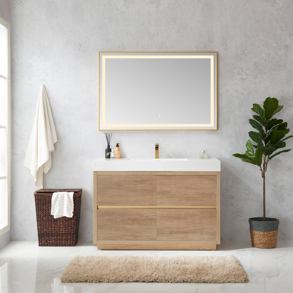 Huesca Bath Vanity, Integrated Sink Top, North American Oak, 48", Without Mirror