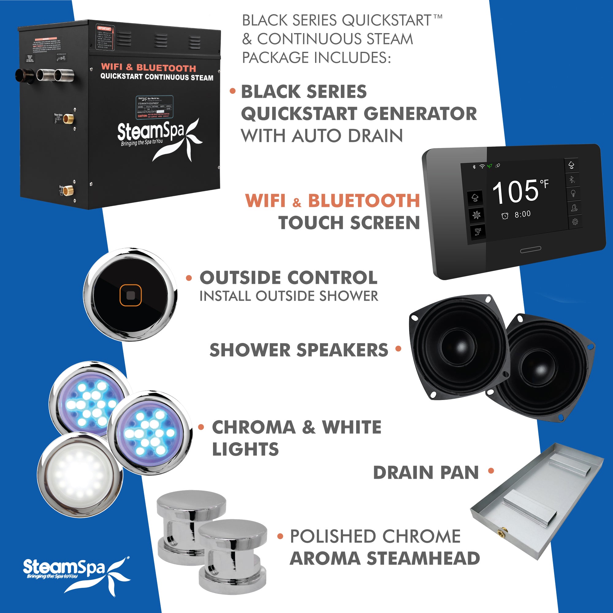 12kW QuickStart Steam Bath Generator With Dual Aroma Pump, Polished Chrome