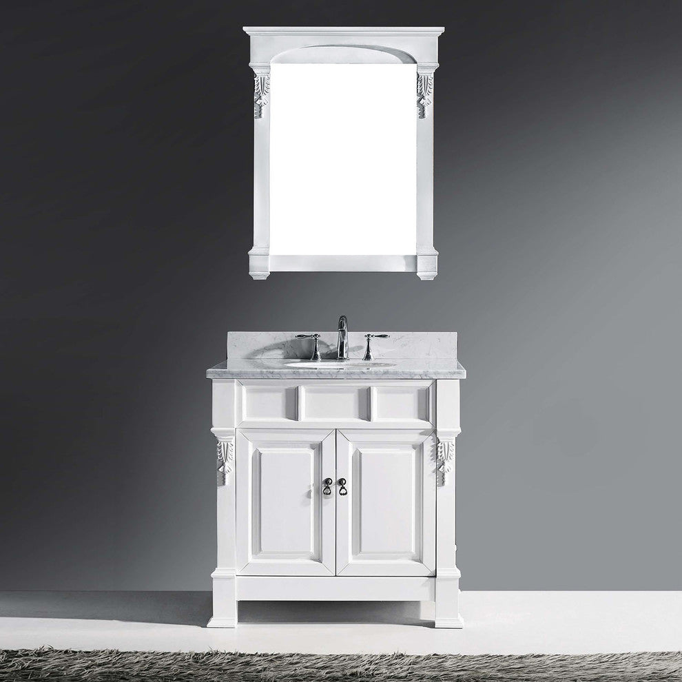 Virtu Huntshire 36" Single Bathroom Vanity, White With Marble Top, With Mirror