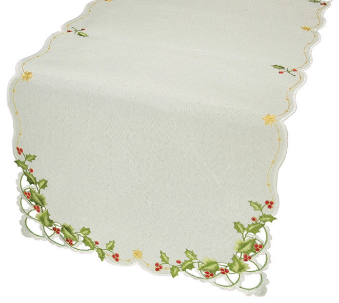 Winter Berry Embroidered Cutwork Collection Christmas Table Runner, 15"x54''
