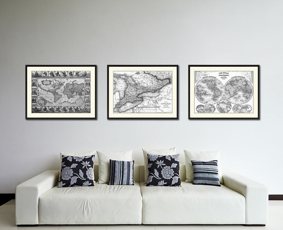 Ontario, Canada Vintage Map Print On Canvas With Black Custom Frame, 16" X 21"