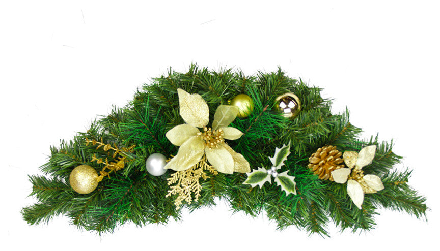 Unlit Decorated Swag, Gold Poinsettias 44 tips, 24"