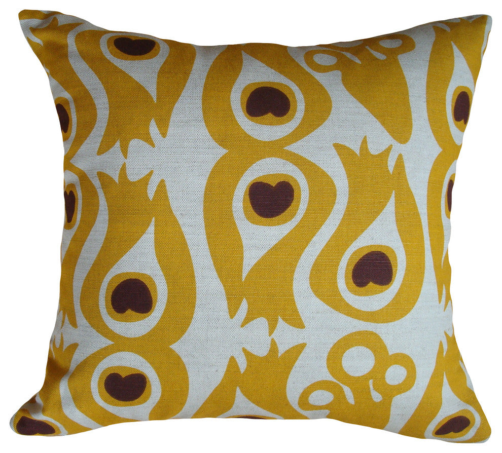 Peacock Mustard on Natural Throw Pillow, 16"x16"