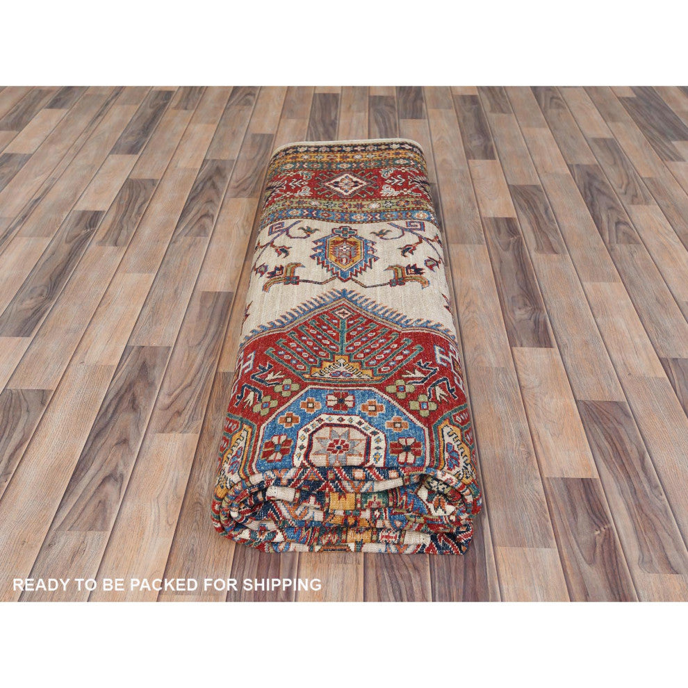 Cream Afghan Super Kazak Soft Wool Hand Knotted Oriental Rug, 8'10"x11'9"