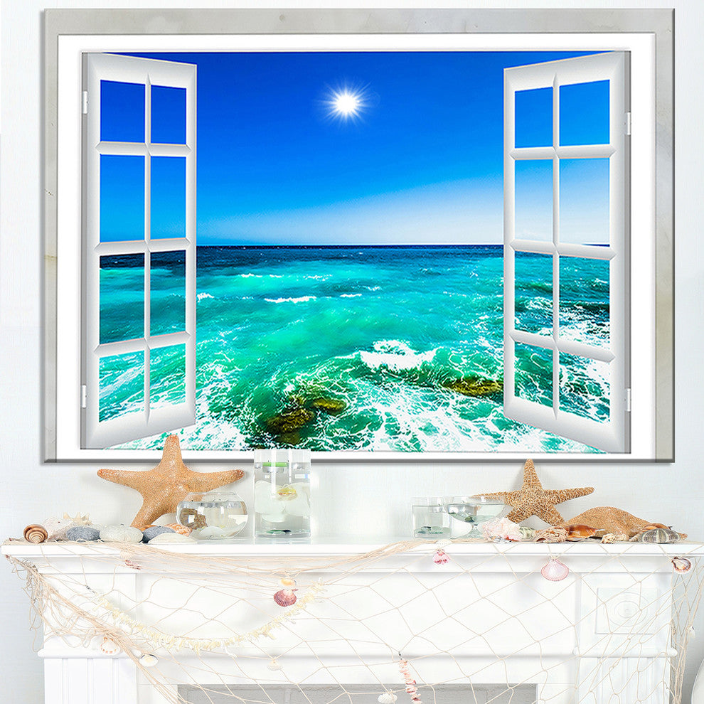 "Open Window To Wavy Ocean" Seashore Canvas Art, 40"x20"