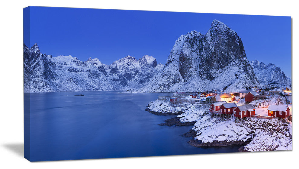 Fishermen Cabins in Winter, Modern Seashore Canvas Wall Art, 32"x16"