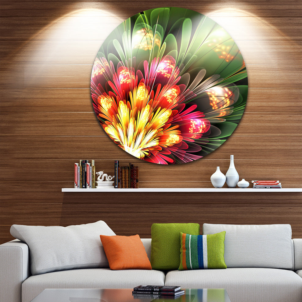 Fractal Flower Red And Green, Floral Digital Round Metal Wall Art, 11"