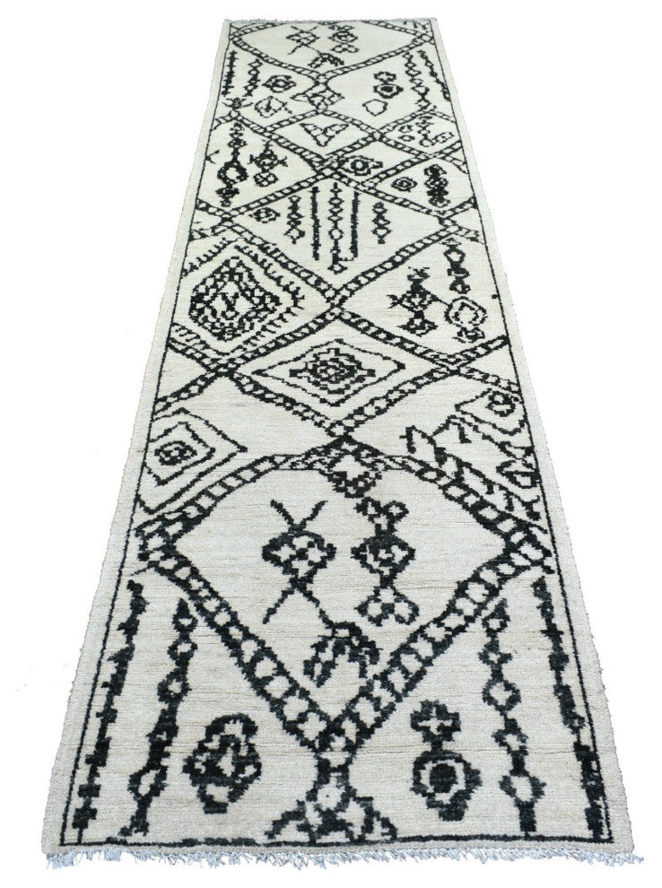 Ivory Hand Knotted Moroccan Berber Soft and Shiny Wool Runner Rug, 2'10"x11'4"