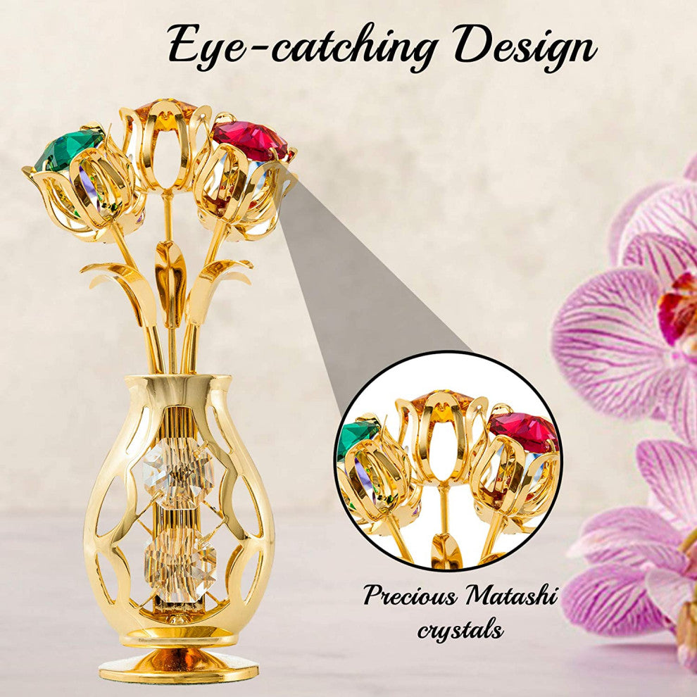 Matashi 24K Gold Plated Flowers Bouquet and Vase, Colorful Crystals Home Decor