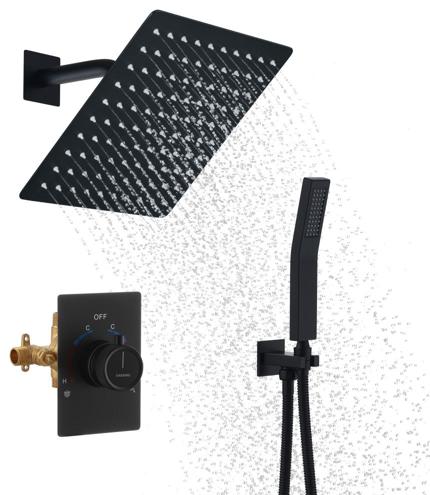 10inch Wall Mount Dual Function Showerhead Thermostatic Shower System, Matte Black