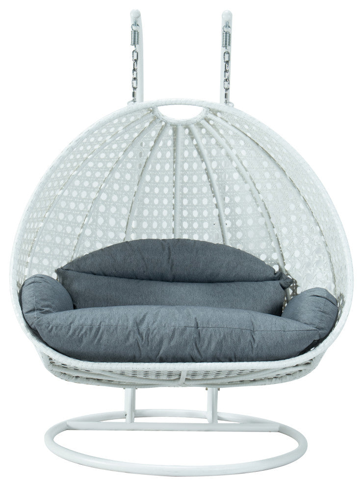 2 Person White Wicker Double Hanging Egg Swing Chair, Charcoal Blue