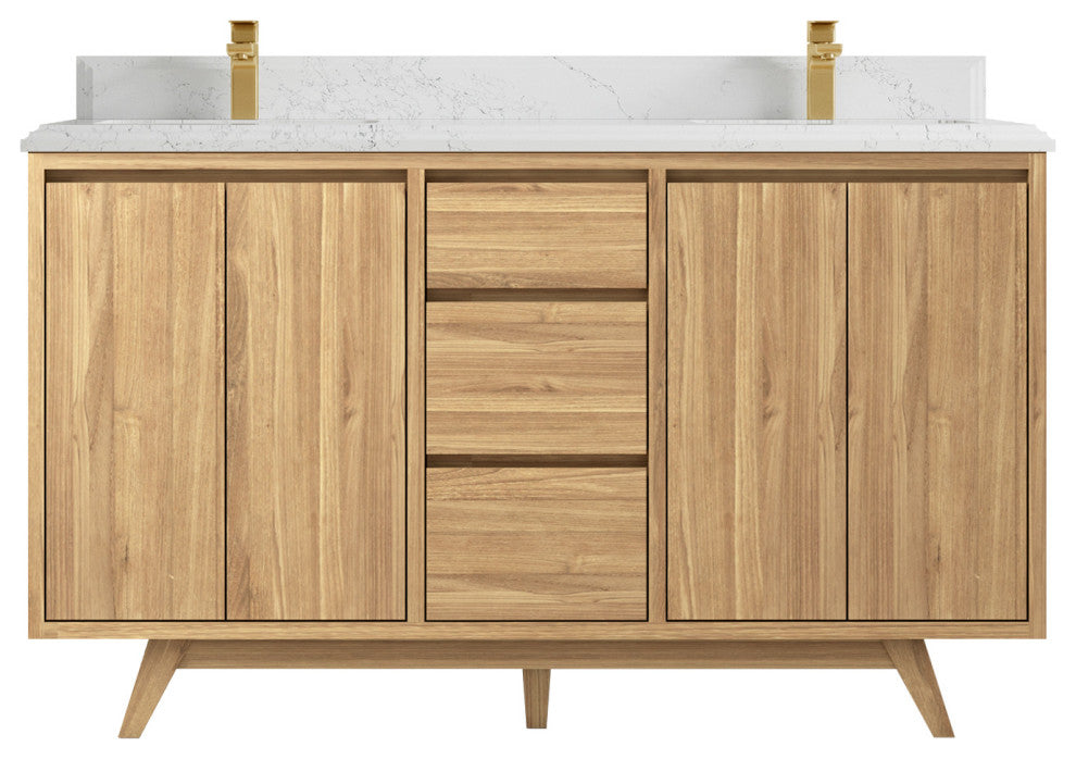 Madison Teak 60 Double Bathroom Vanity in Light Natural 1.5" Empira Quartz