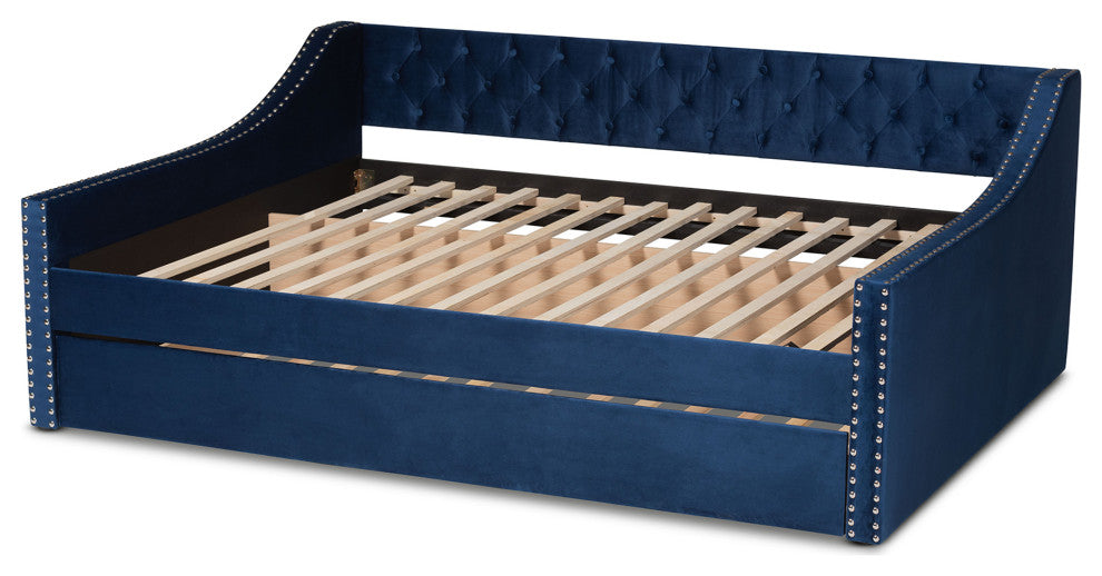 Shona Modern Velvet Upholstered Trundle Daybed, Navy, Queen Size