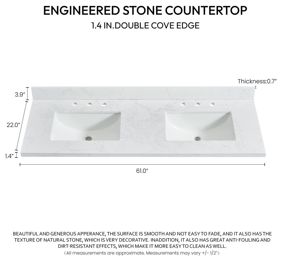 Jaen Composite Stone Vanity Top With Ceramic Sink, Grain White, 61"