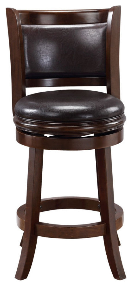 Pal 24 Inch Swivel Counter Stool, Solid Wood, Faux Leather, Espresso Brown