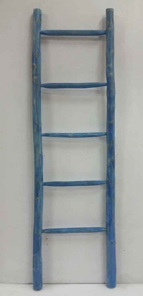 66"H Teak Log Ladder, Rustic Blue Finish