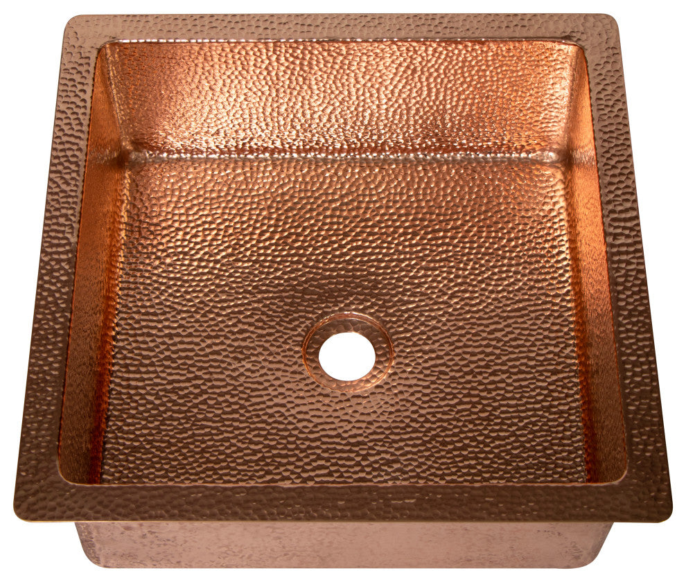 15" Square Hammered Copper Bathroom Sink, 18 Gauge