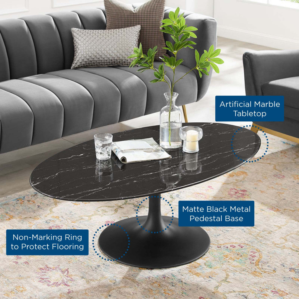 Coffee Table, Oval, Artificial Marble, Metal, Black, Modern, Lounge Hospitality