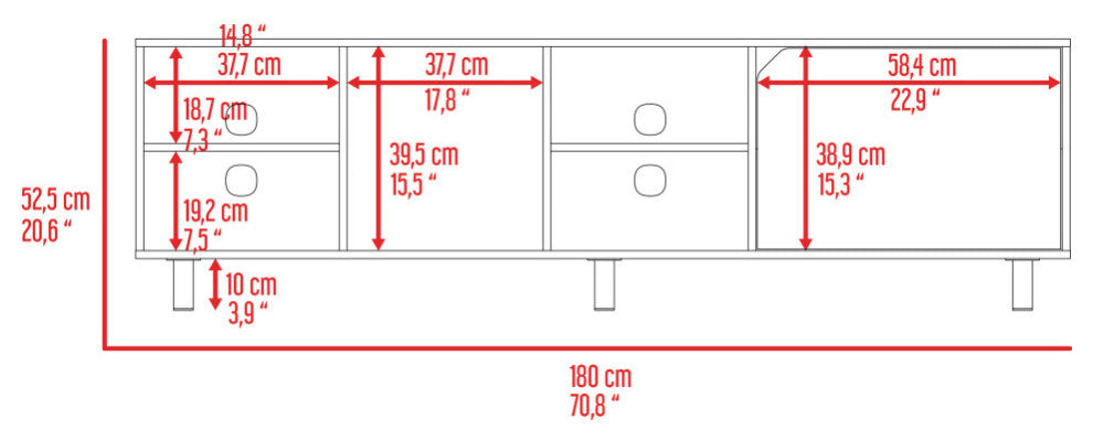 Native TV Stand for TVs up 70" with 5 Open Shelves, Cabinet, and 5 Legs, White