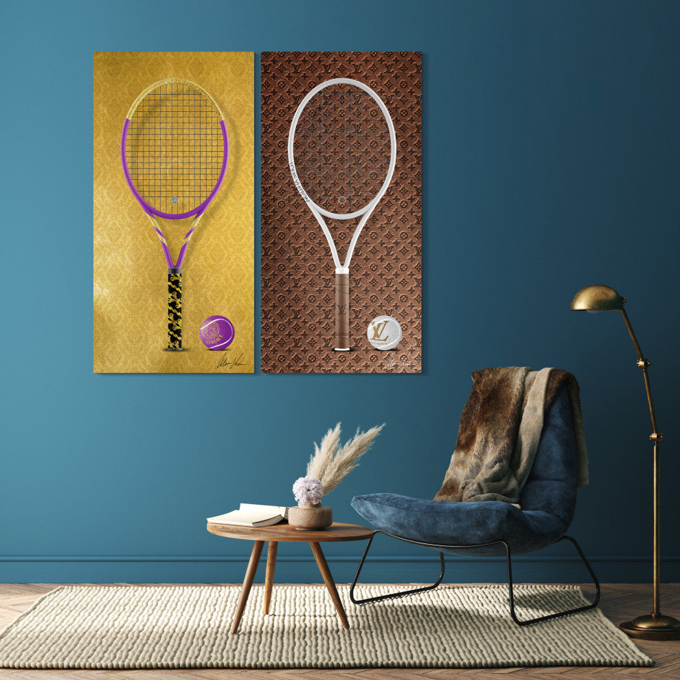 "Designer Racquet" Frameless Floating Tempered Glass Panel Wall Art Set of 2