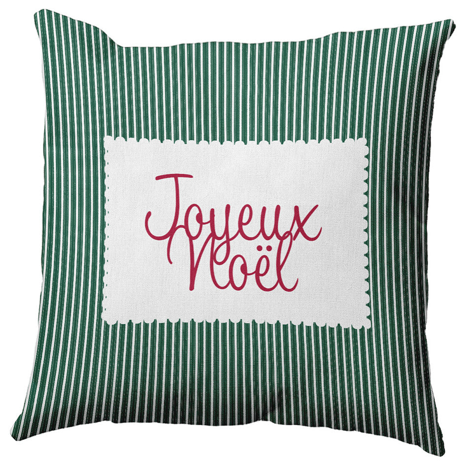 Joyeux Noel Ticking Accent Pillow, Forest Green, 18"x18"