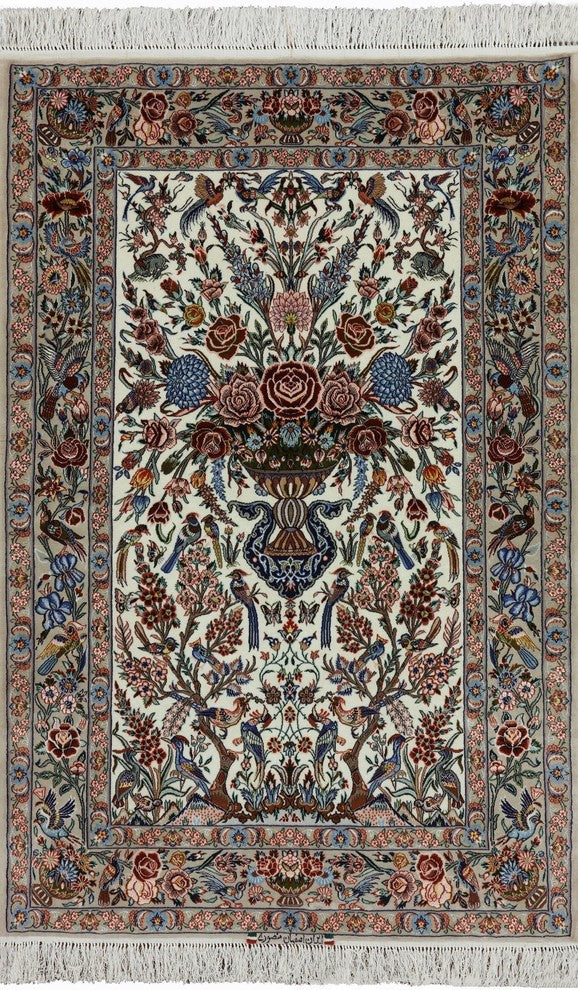 Signed Authentic Persian Isfahan Wool and Silk Rug, 4'x7'
