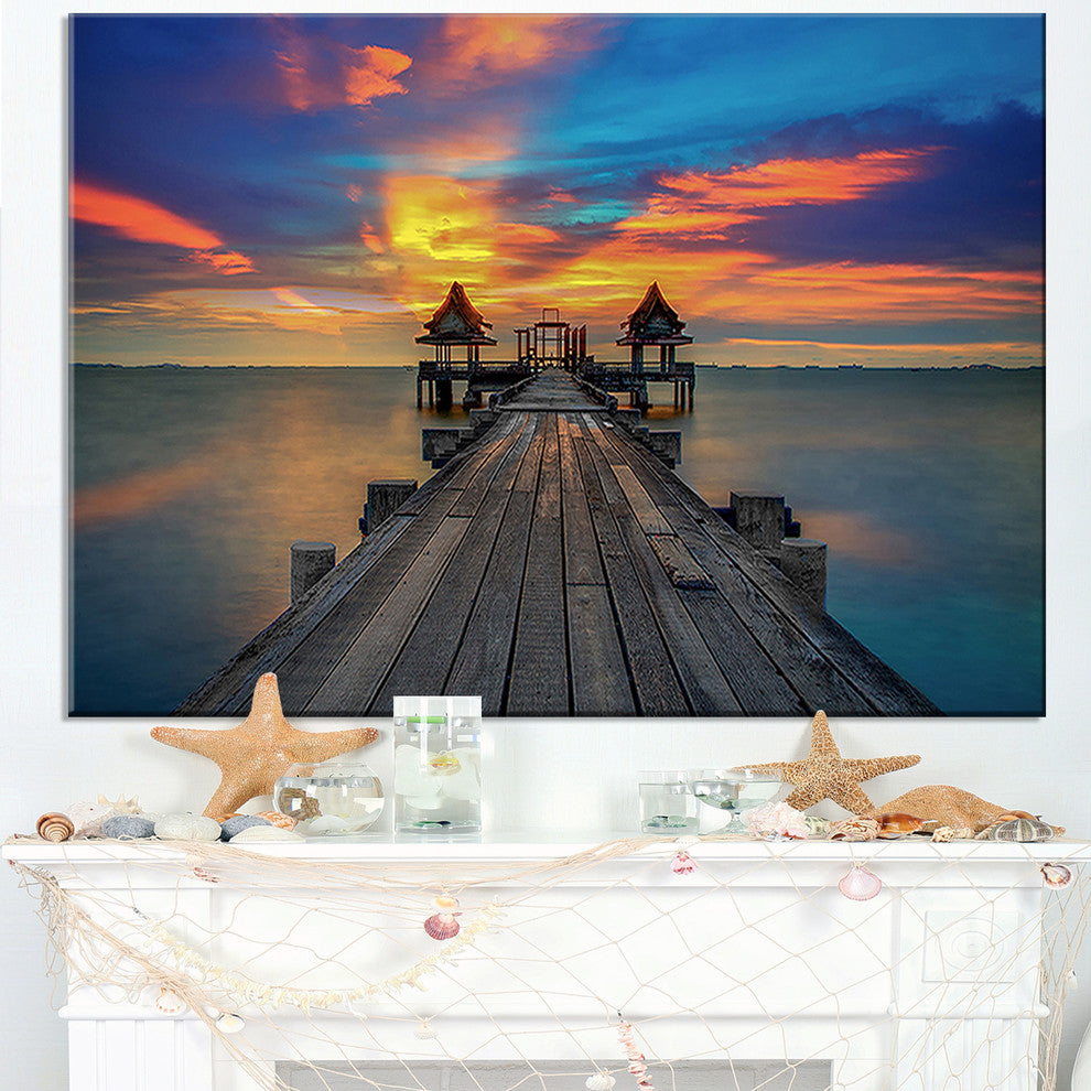 "Wide Wooden Bridge Into Distant Sun" Sea Pier Wall Art Canvas Print, 32"x16"