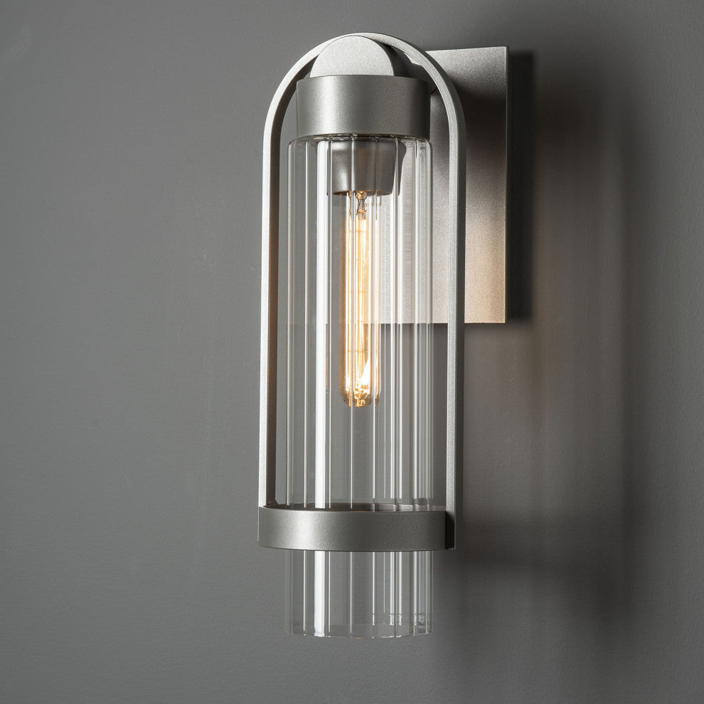 Alcove Small Outdoor Sconce Coastal Burnished Steel Finish, Clear Glass