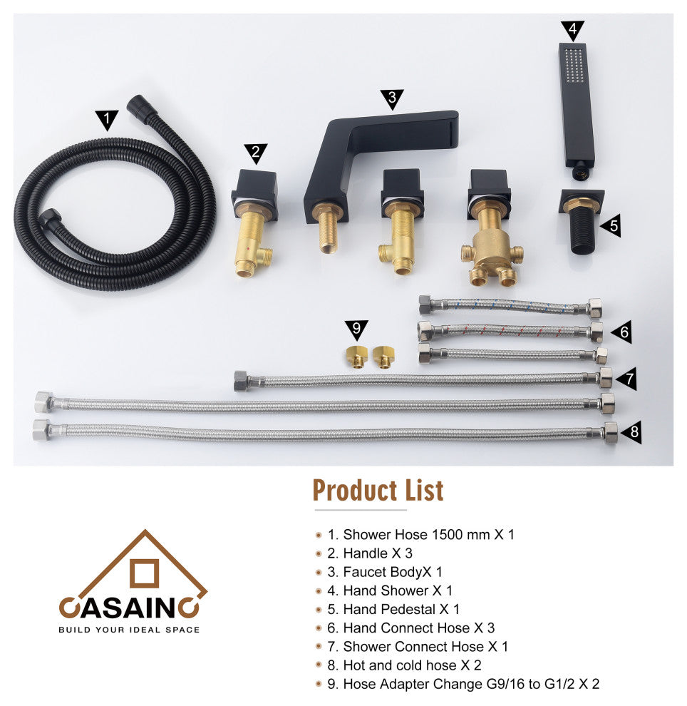 CASAINC Roman 5 Hole Waterfall Faucet Set with Bathtub Handheld Shower Head, Matte Black