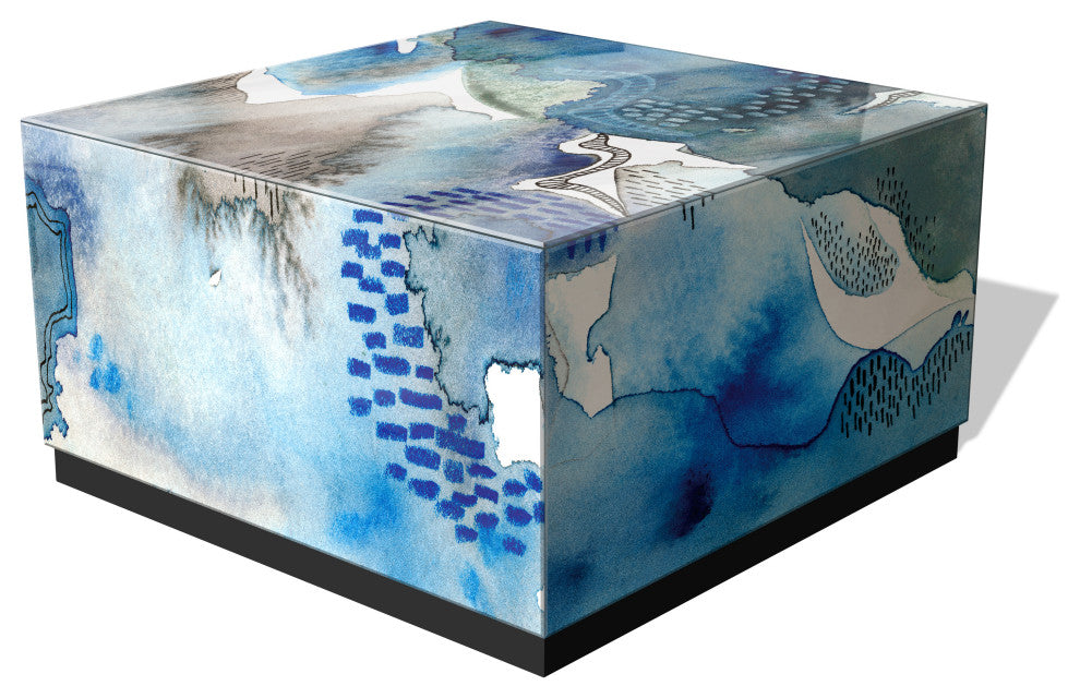 "Subtle Blues II"Reverse Printed Art Glass Cocktail Table with Black Plinth Base
