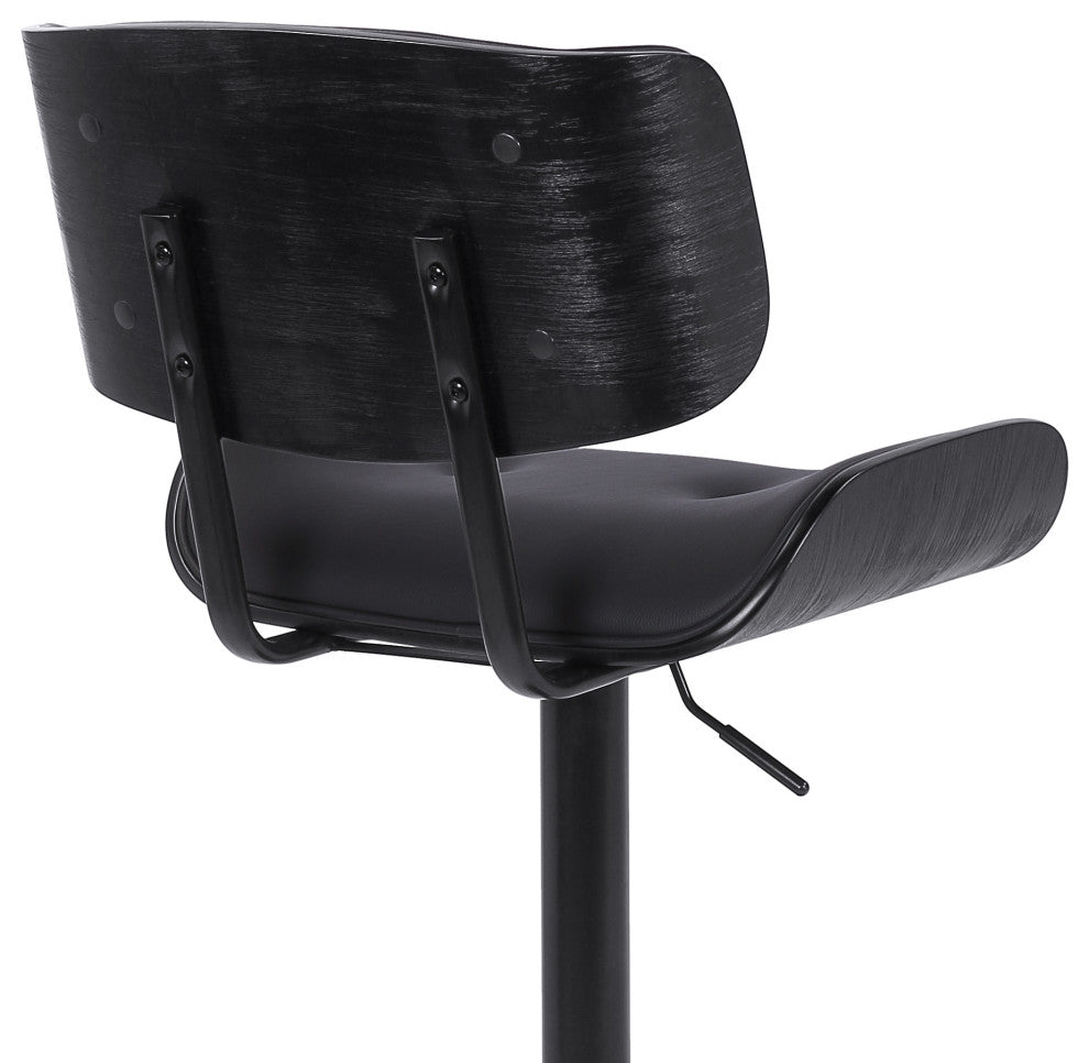 Brooklyn Adjustable Swivel Faux Leather and Wood Bar Stool With Metal Base, Black