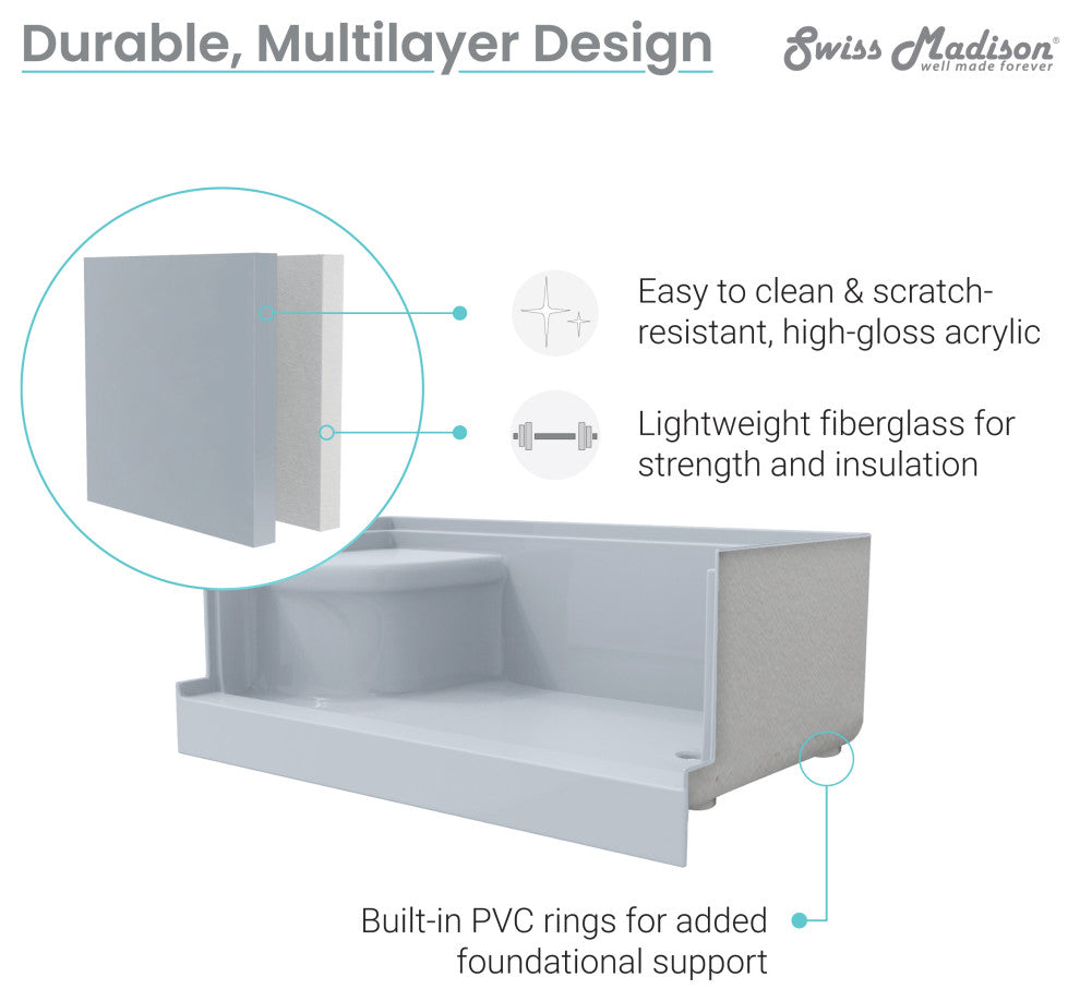Aquatique 60"x32" Shower Base With Left Hand Drain, Gray
