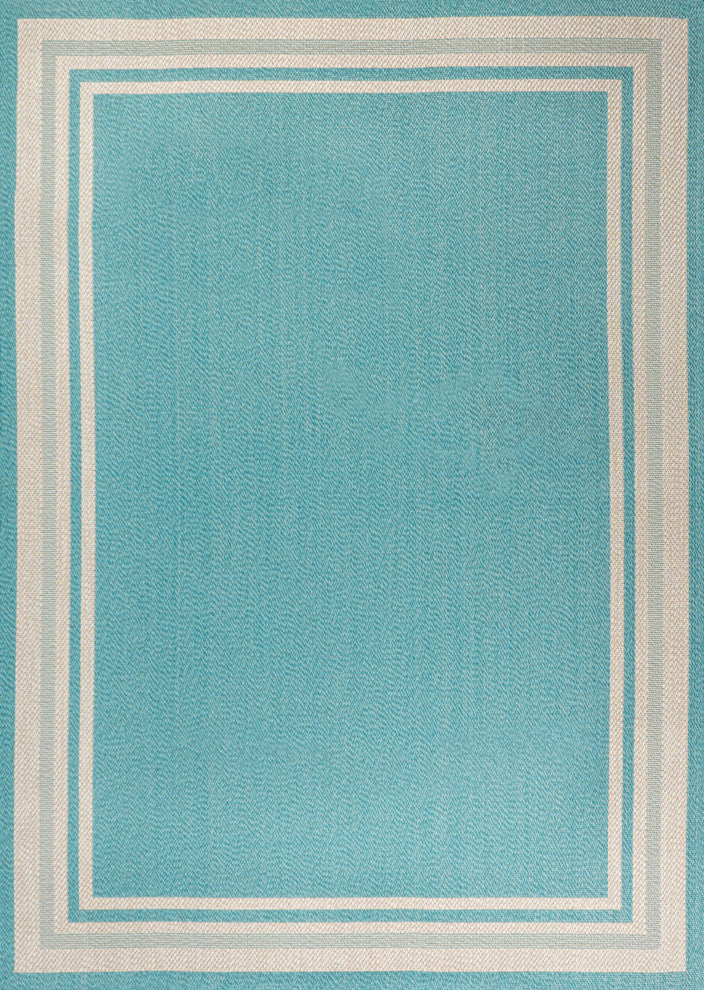 James Modern Border Stripe Indoor/Outdoor Area Rug, Aqua/Beige, 4x6