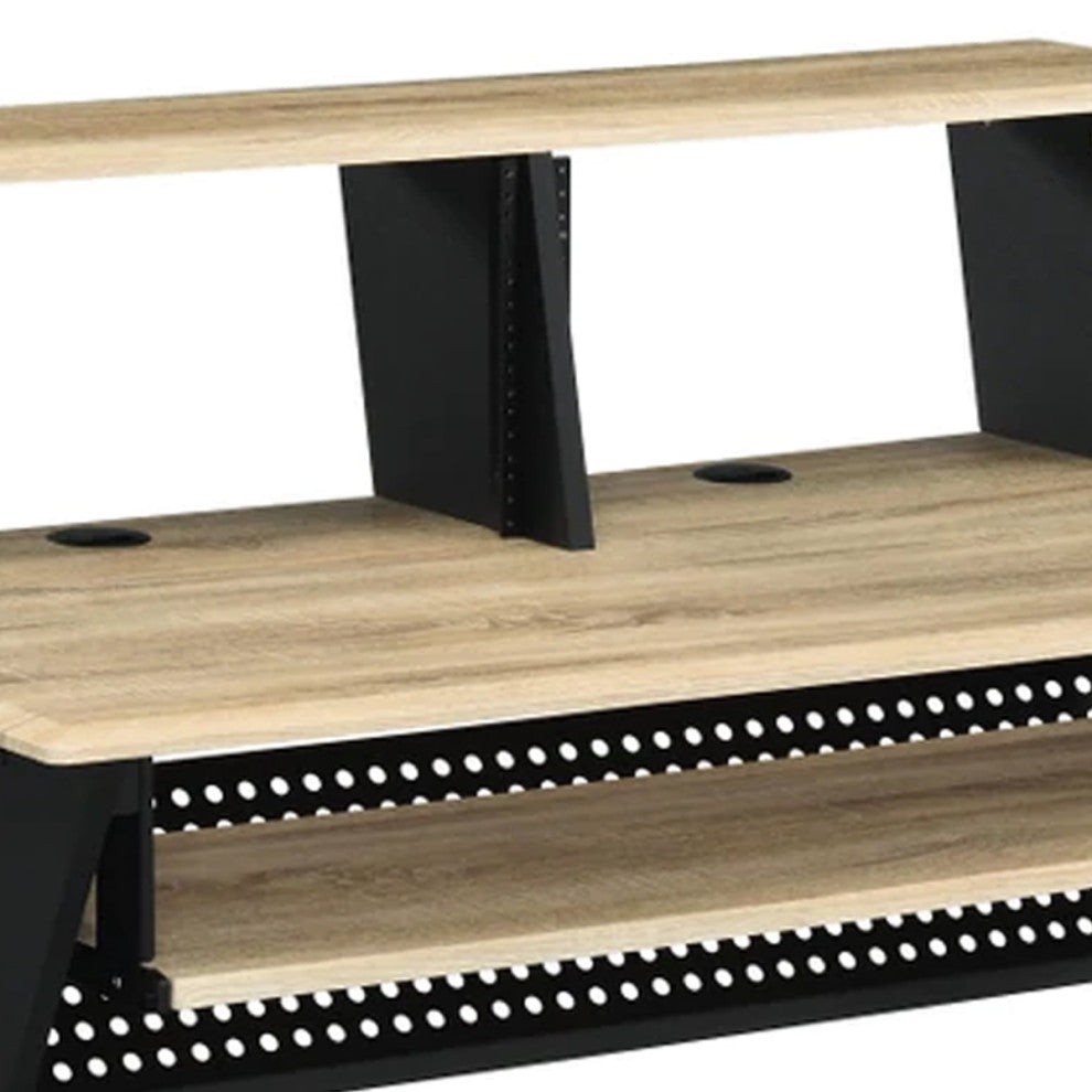 Benzara BM276203 Wood Music Desk Studio Station, Keyboard Tray, Shelves, Brown