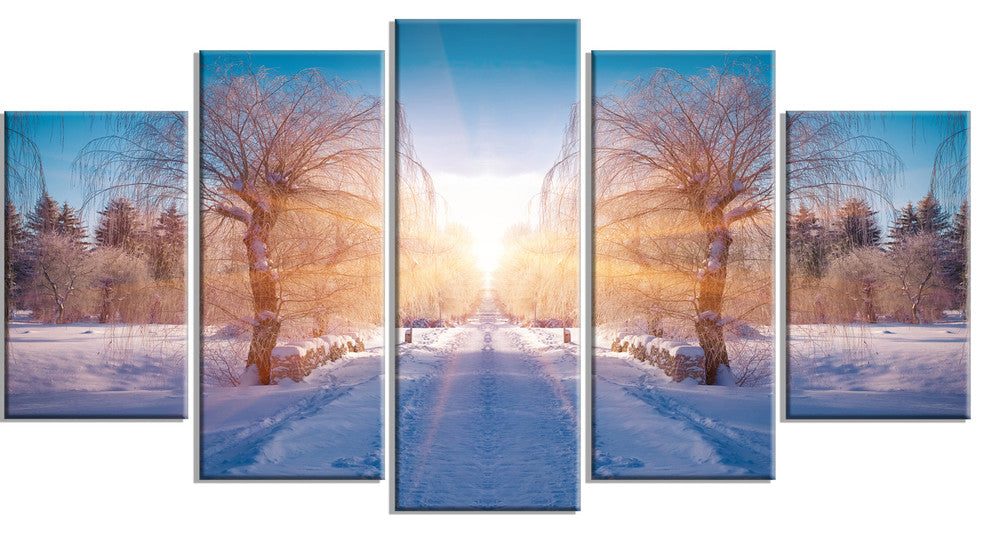 Winter Landscape in City Park, Landscape Canvas Art Print, 60"x32", 5 Panels