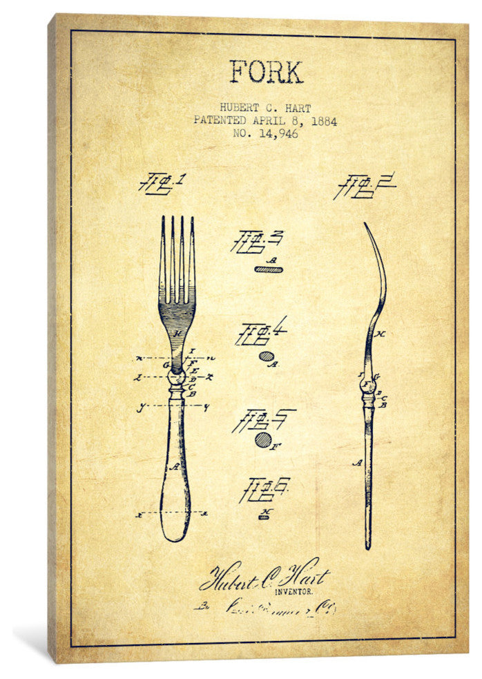 "Fork Vintage Patent Blueprint" by Aged Pixel, Canvas Print, 26"x18"