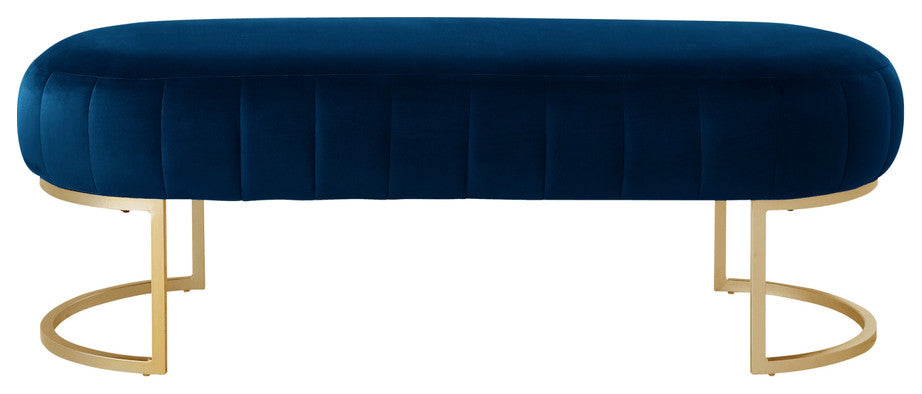 53" Navy Blue And Gold Upholstered Velvet Bench